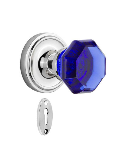 Classic Rosette Mortise Lock Set with Colored Waldorf Crystal Glass Knobs Cobalt Blue in Polished Chrome.